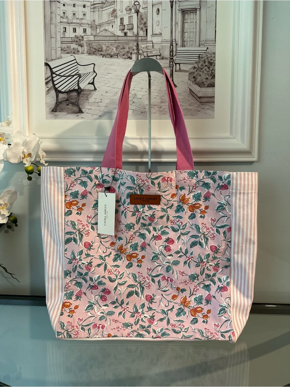 NWT Laura Ashley Strawberry Floral Striped Canvas Tote Bag Pink Cottagecore